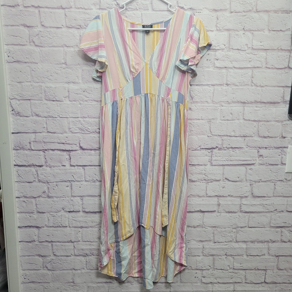 A.N.A. A New Approach Linen Blend Midi‎ Dress Size L Side Ties Flutter Sleeves
